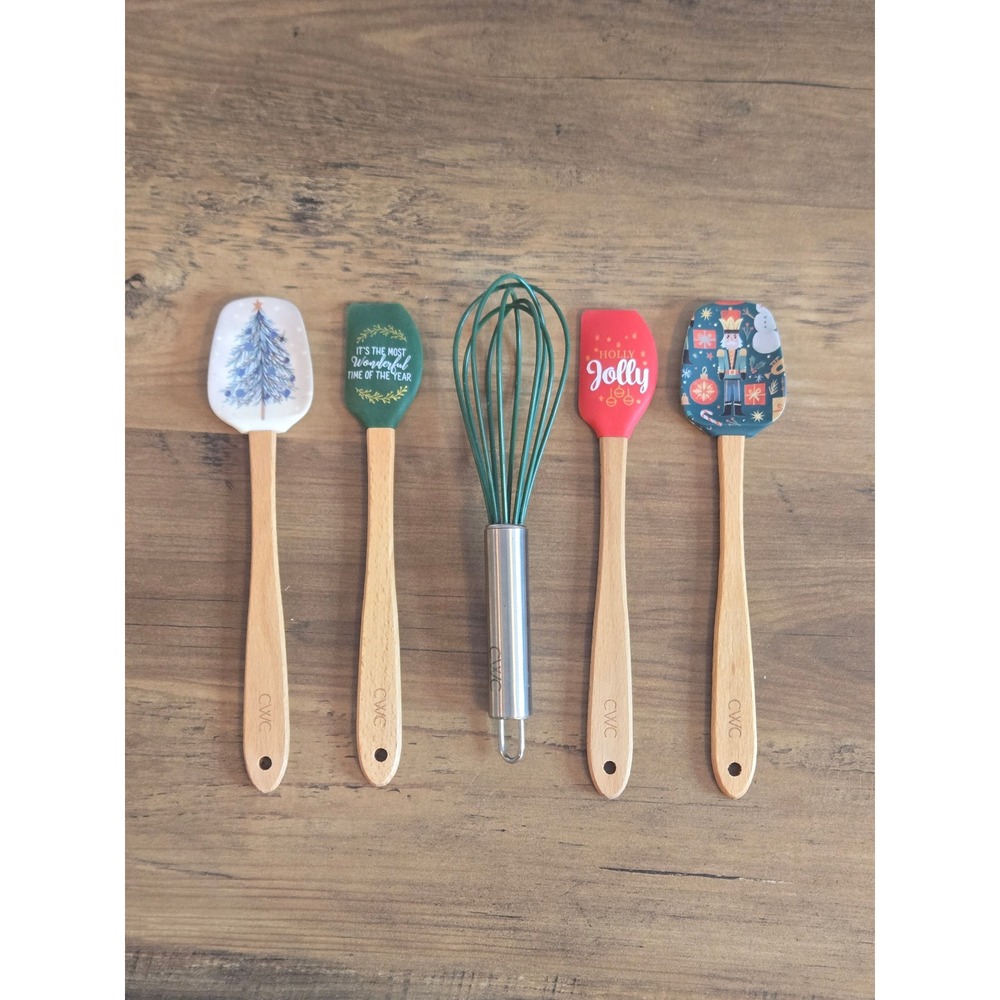 CWC Christmas Silicone Spatula and Whisk Set 5 Piece Holiday Baking Utensils